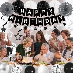 Black Silver White Birthday Party Decorations Kit Balloons Banner Adult Decor