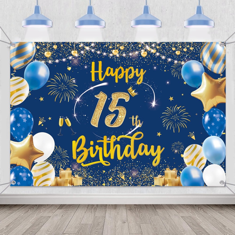 Happy 15th Birthday Backdrop Decorations Blue 15th Blue Gold Background Banner