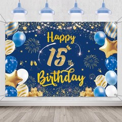 Happy 15th Birthday Backdrop Decorations Blue 15th Blue Gold Background Banner