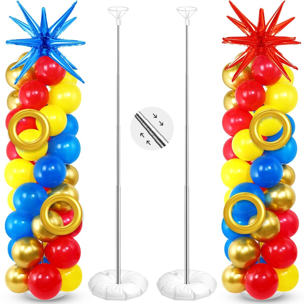 2 Set Red Blue Yellow Balloon Column Stand Kit with 2 Explosion Star Foil Bal…