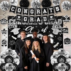 Black and Silver Graduation Decorations 2026 Set, All-In-1 Kit with Congrats Gra