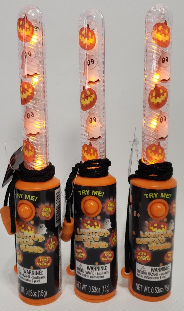 Lot Of 3 CandyRific Ghost &Pumpkin Light Up Blinking Safety Wand Candy Halloween