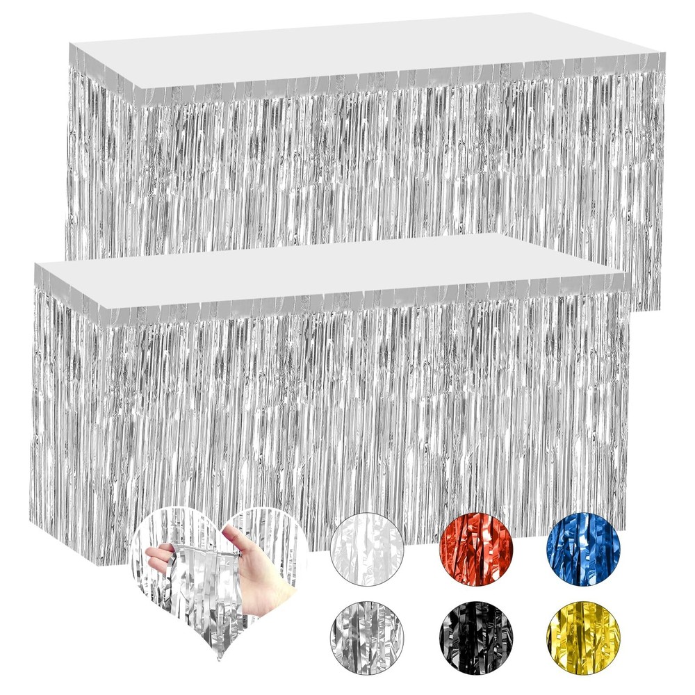 2 Pack 29.5×108 Inch Silver Foil Tinsel Fringe Table Skirts, Disposable Table…