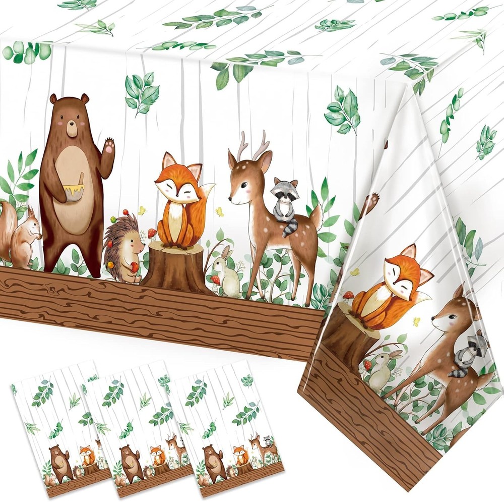 3Ct Woodland Plastic Tablecloth Creatures Fox Birthday Baby Shower Banner Wild