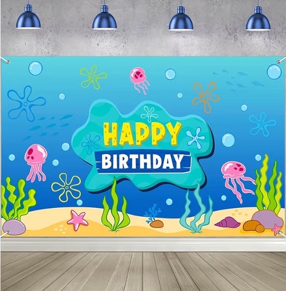 Under the Sea Happy Birthday Party Banner Backdrop Decor Cartoon Ocean Jellyfish