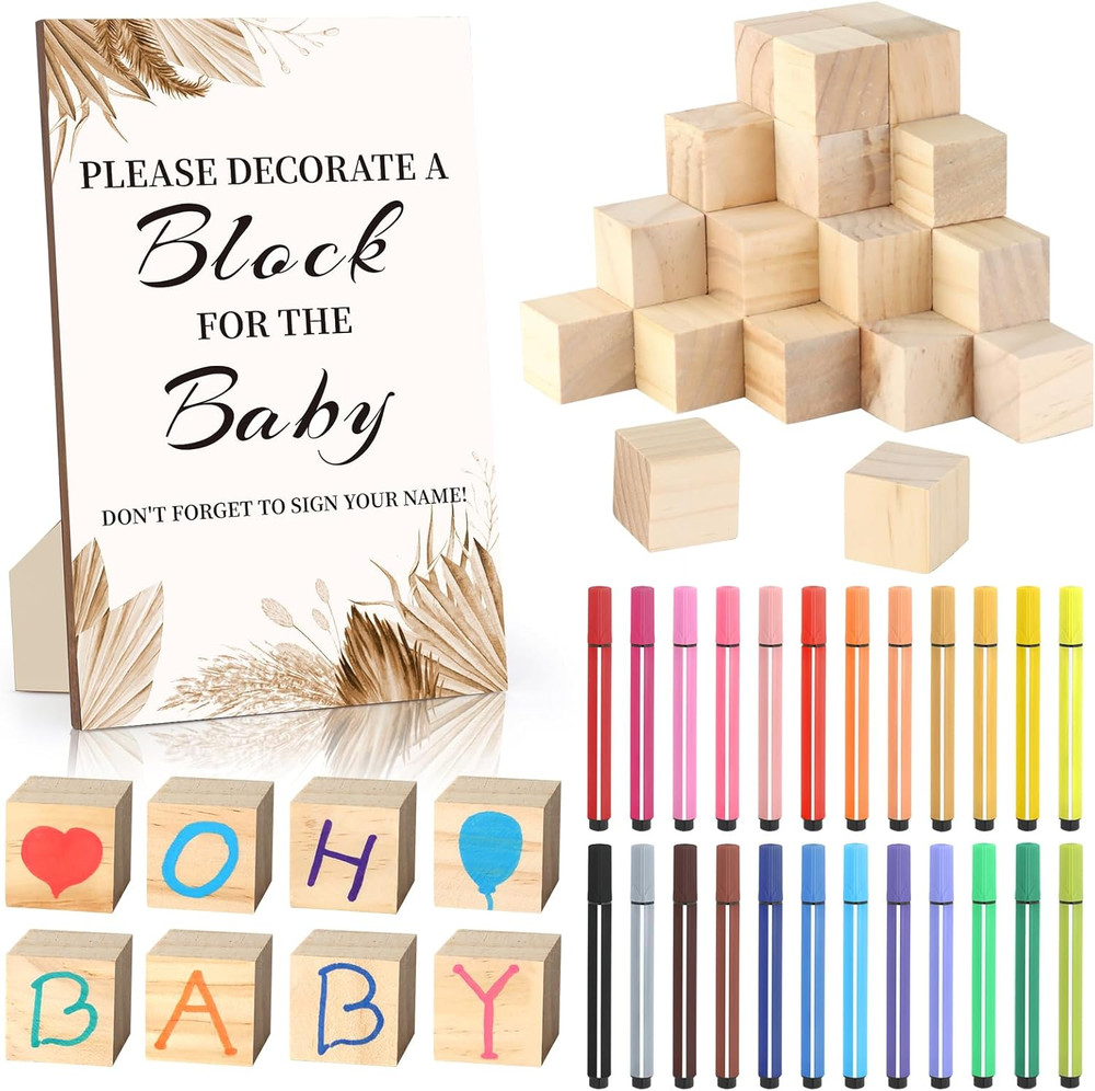 Baby Shower Games Sign Kit with 50 Blank Wooden Blocks, 24 Acrylic Paint Marker