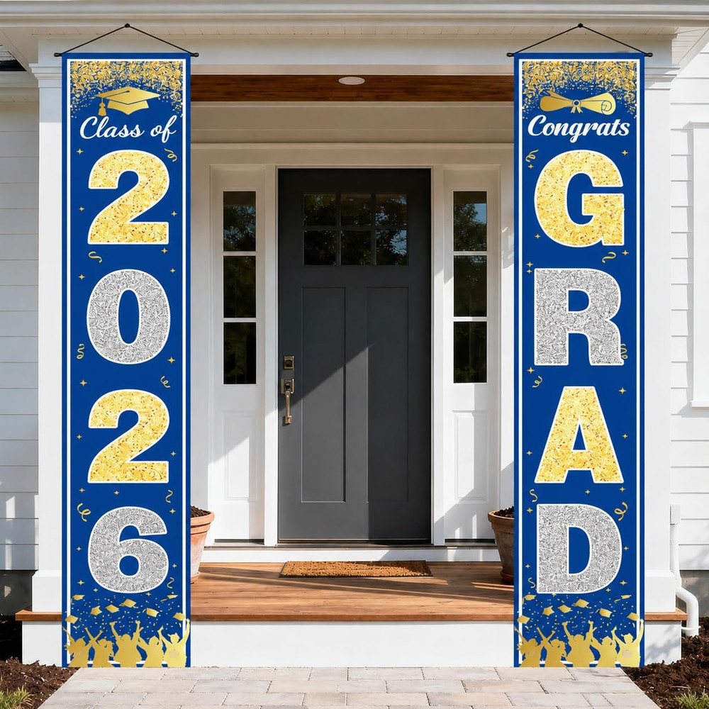 Graduation Decorations 2026 – Blue Gold Congrats Grad Porch Banner for Graduatio
