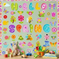 70 PCS Hello Spring Bulletin Board Decorations Floral Plants Paper Cut Outs