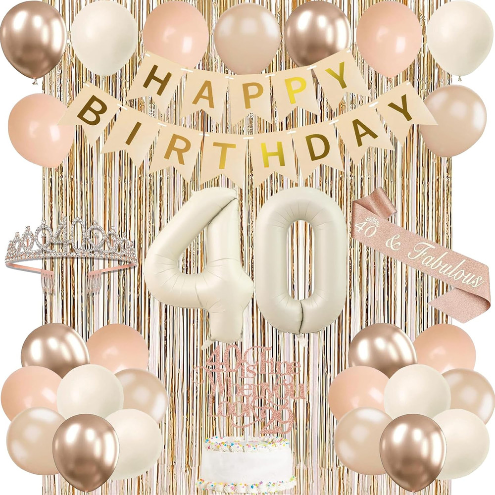 Champagne Gold Beige 40Th Birthday Decorations for Women, Gold Bday Happy Banner