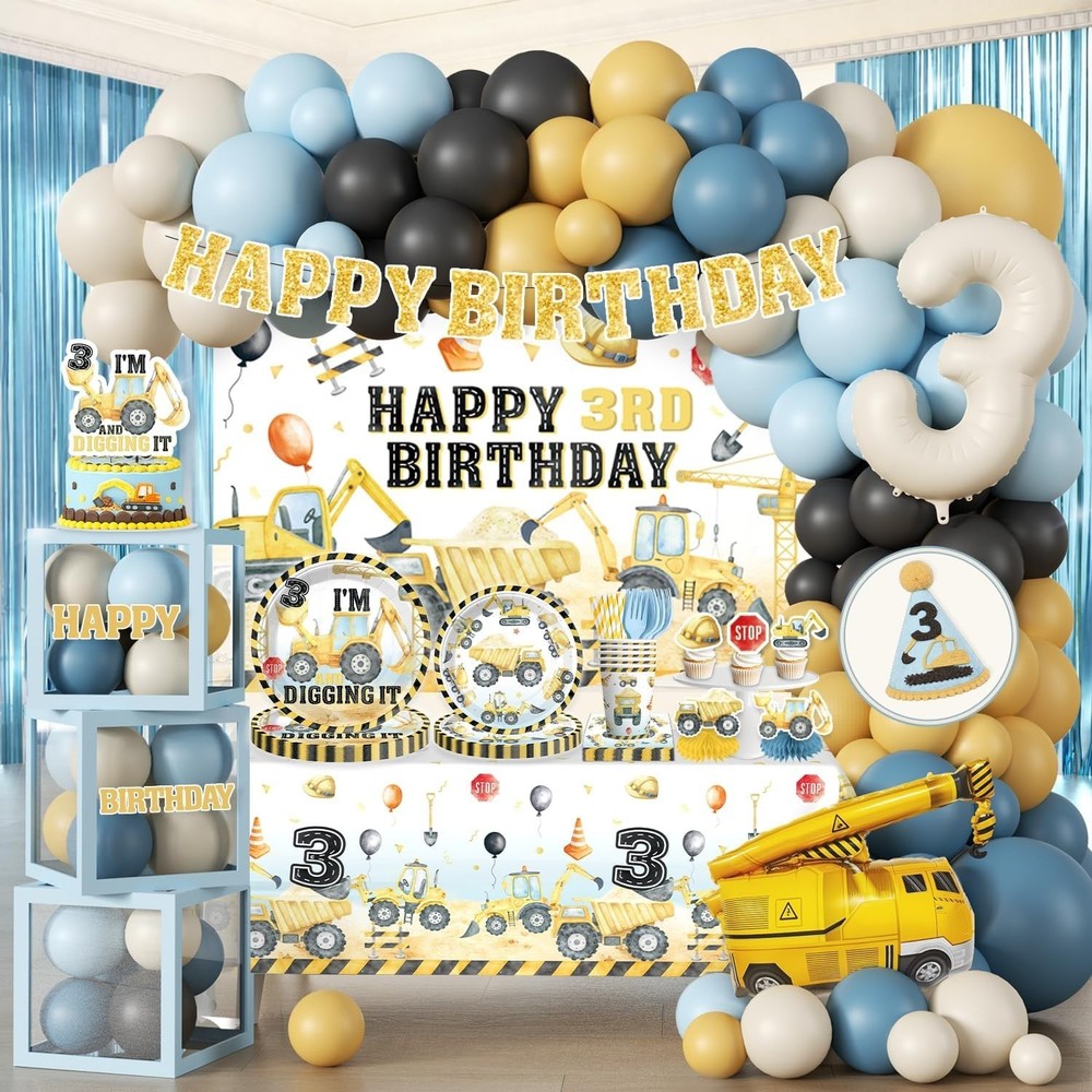 Construction Themed 3rd Birthday Party Decorations Set NEW