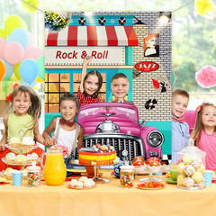 50s Rock and Roll Party Backdrop Pink Car Banner 5.3×3.3ft Photo Booth Decor XXL