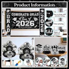 Black and Silver Graduation Decorations 2026 Set, All-In-1 Kit with Congrats Gra