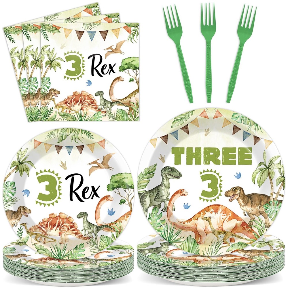 96PCS Dinosaur 3rd Birthday Party Paper Plates and Napkins and Forks Set Wate…