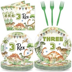 96PCS Dinosaur 3rd Birthday Party Paper Plates and Napkins and Forks Set Wate…