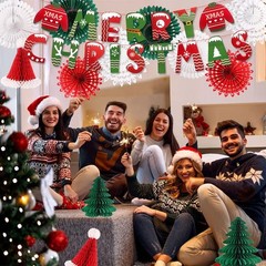 Christmas Party Decorations, Merry Christmas Banner Honeycomb Santa Hats Trees H