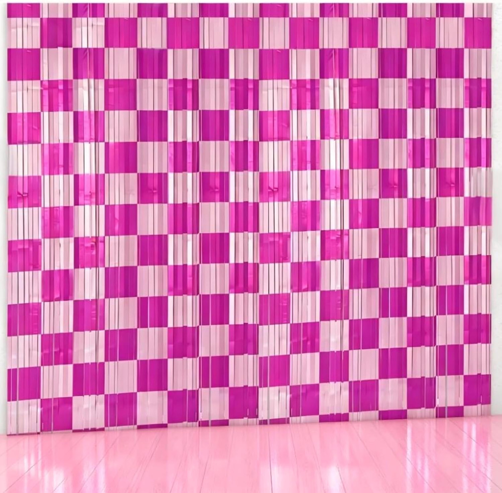 Birthday Party Streamers Decorations Pink White Checkered Foil Fringe Decor