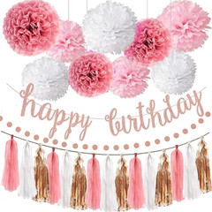 Pink Rose Gold Birthday Party Decorations Set, Rose Gold Glittery Happy Birthday