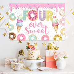 Donut 4Th Birthday Party Banner, Pink, Standard Banner, Wall Mount, Celebrating