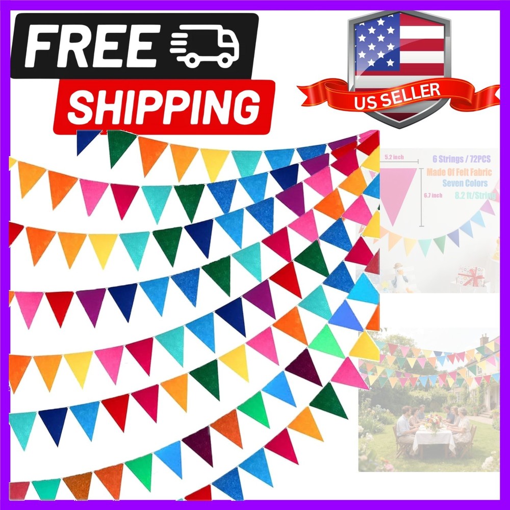 6 Strings 72PCS Rainbow Felt Bunting Colorful Pennant Banner Flags with Ribbo…
