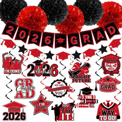 Red and Black Graduation Decorations 2026, 2026 Grad Banner and Congrats Grad Ha