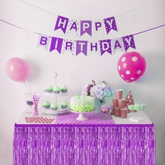 2 Pack 29.5×108 Inch Purple Foil Tinsel Fringe Table Skirts, Disposable Table…