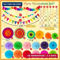 35PCS Fiesta Paper Fan Party Decorations Set – Cinco De Mayo Pom Poms,Pre-assemb