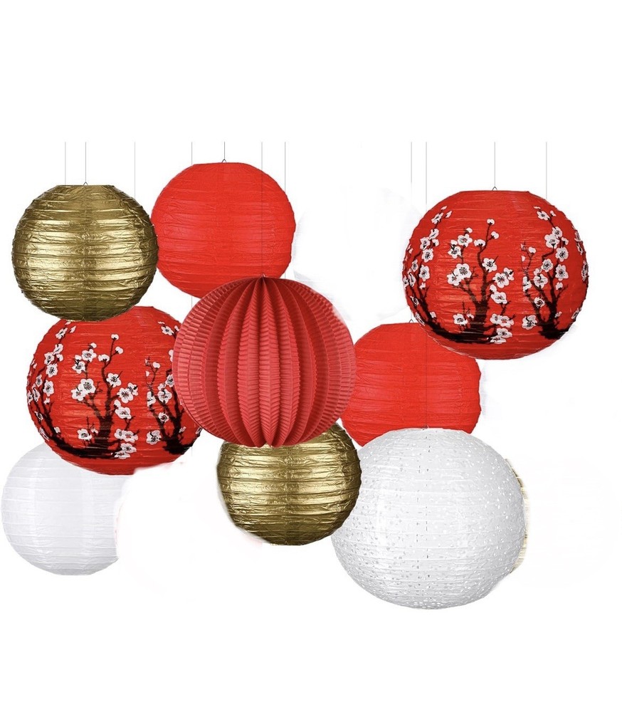 9 Piece Chinese Paper Deocrative Paper Lanterns New In Package