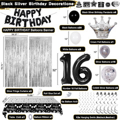 Black and Silver 16th Birthday Decorations for Boys Girls, Black and White 16th