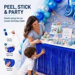 4-Pack Blue Foil Fringe Table Skirt, Disposable Metallic Tinsel Streamers, Photo