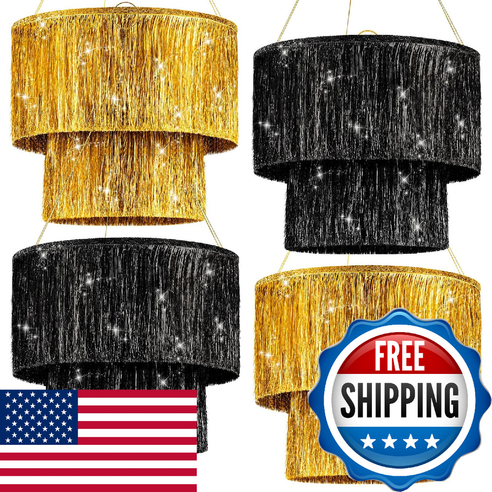 Rossesay 4 Pcs 2 Tier Gold Black Fringe Tinsel Chandelier Iridescent Foil Party