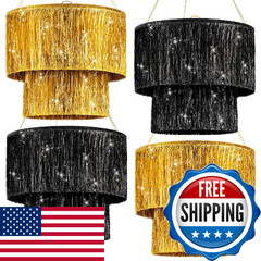 Rossesay 4 Pcs 2 Tier Gold Black Fringe Tinsel Chandelier Iridescent Foil Party