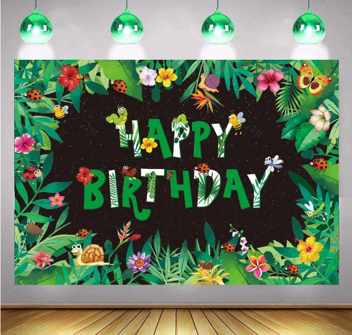 Cartoon Bugs Theme Happy Birthday Backdrop 10×8 Jungle Plants Bee Ladybug Party