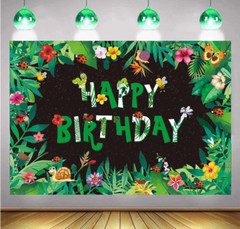 Cartoon Bugs Theme Happy Birthday Backdrop 10×8 Jungle Plants Bee Ladybug Party