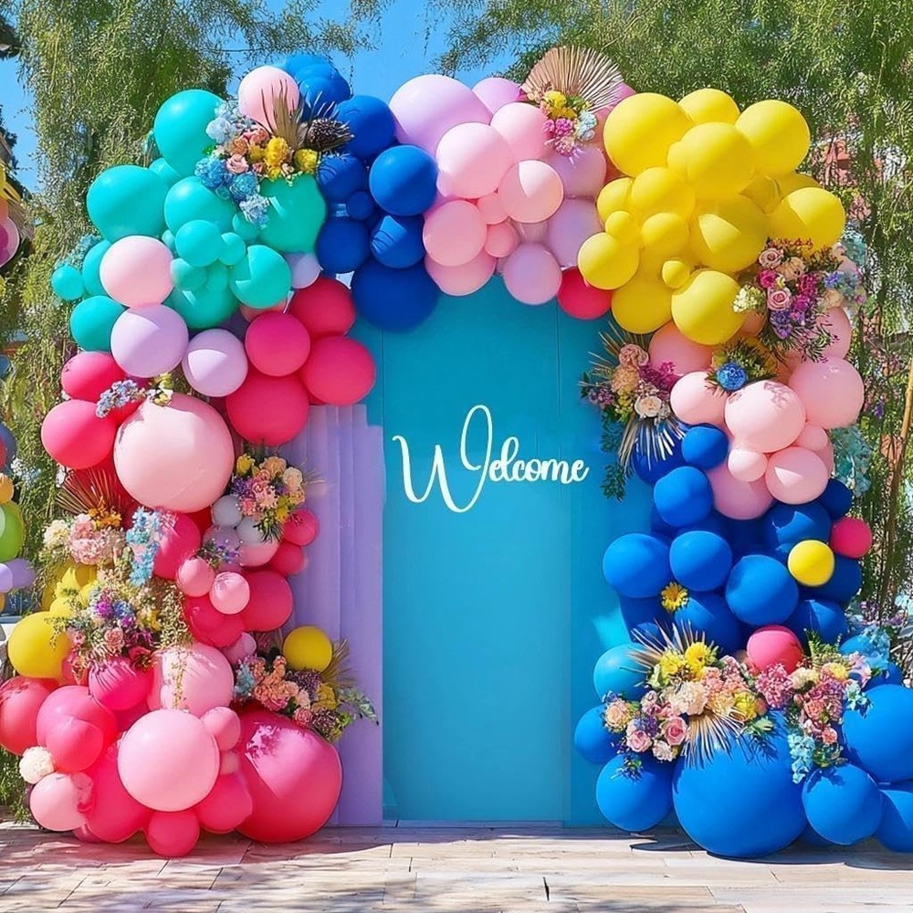 Hot Pink Blue Yellow Balloon Garland, Double Stuffed Royal Blue Teal Lavender…