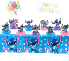 Stitch Party Decorations Set – 9Pcs Honeycomb Centerpieces with Stitch Tableclot