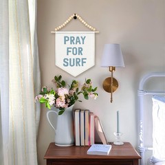 Coastal Beach Room Decor, Surf Canvas Banner, Boho Wood Beads Pray For Surf C…