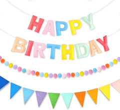 Pre-Strung 3D Rainbow Happy Birthday Banner, 3 PCS Happy Birthday Felt Sign, Pom