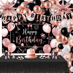 Rose Gold Birthday Party Decorations 63Pcs Rose Gold and Black Happy Birthday…