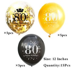 Black Gold 80th Birthday Decor, 15 Latex Balloons, 12 Inch