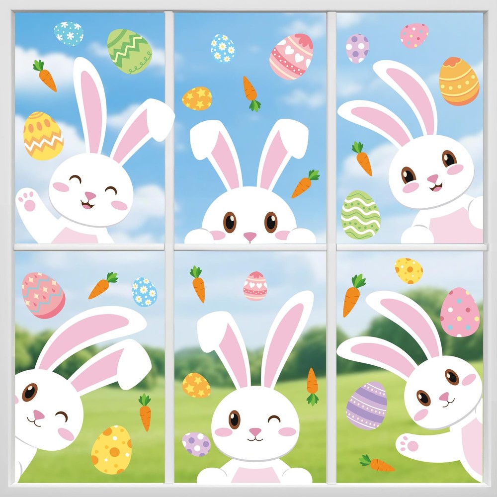 8 Sheets Easter Bunny Window Clings Double-Sided Cartoon Bunny Rabbit Egg Window
