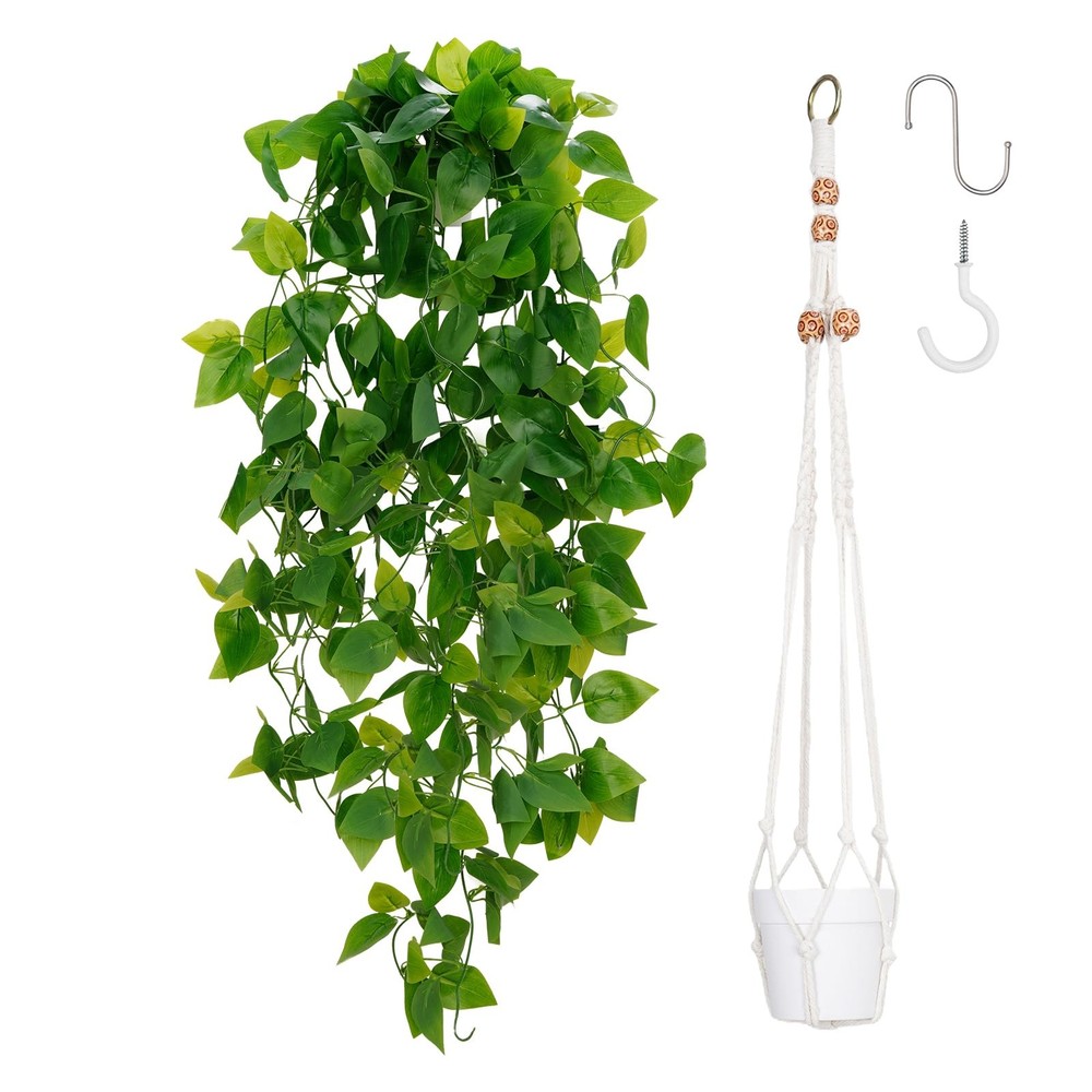BLEUM CADE 1pcs Fake Hanging Plants Kit with 1pcs, Pothos Vines With Hanger