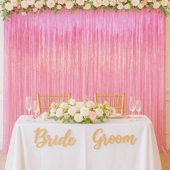 2 PCS Laser Pink Tinsel Foil Fringe Curtains 3.28×6.56 Ft Metallic Backdrop