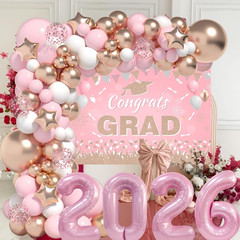 Graduation Decorations Class of 2026: Pink and Gold Graduation Balloons Arch Kit
