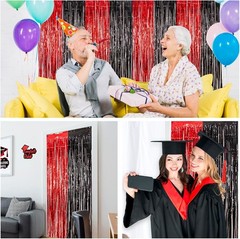 Graduation Party Decoration, 2 Pack Red and Black 3.3×6.6 ft Foil Fringe Curt…