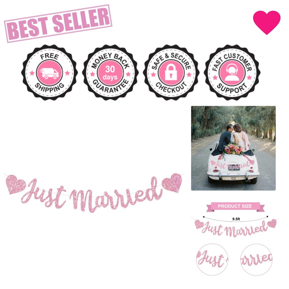 Pre-Strung Pink Just Married Banner – Glittery Party Decor for All Occasions