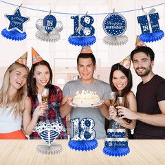18th Birthday Table Centerpiece 8 PCS Blue Silver Honeycomb Party Decor