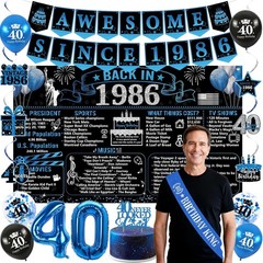 40th Birthday Decorations for Men, 20PCS Black Blue Back in 1986 Birthday Par…