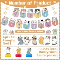 16 Pcs Cat Theme Birthday Party Decorations Party Supplies Kit, Includes Cat Par