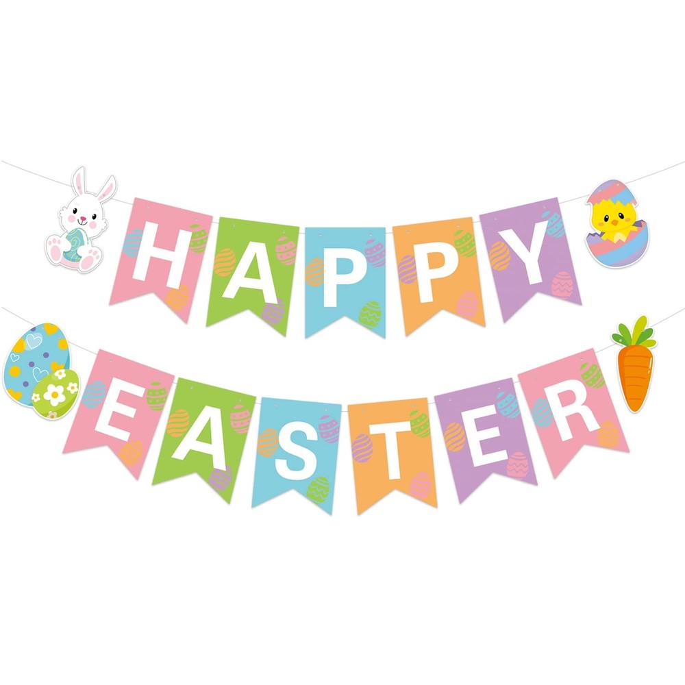 JOZON Happy Easter Banner – Multi-colored, 5.12″ x 7″ Flags, White