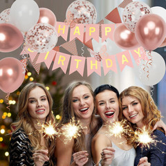 Rose Gold Birthday Decorations Women, Happy Birthday Banner for Girls Party Deco